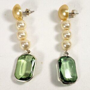 Off-White Bead Rectangular Shape Green Stone Post Drop Dangle Earrings - Women